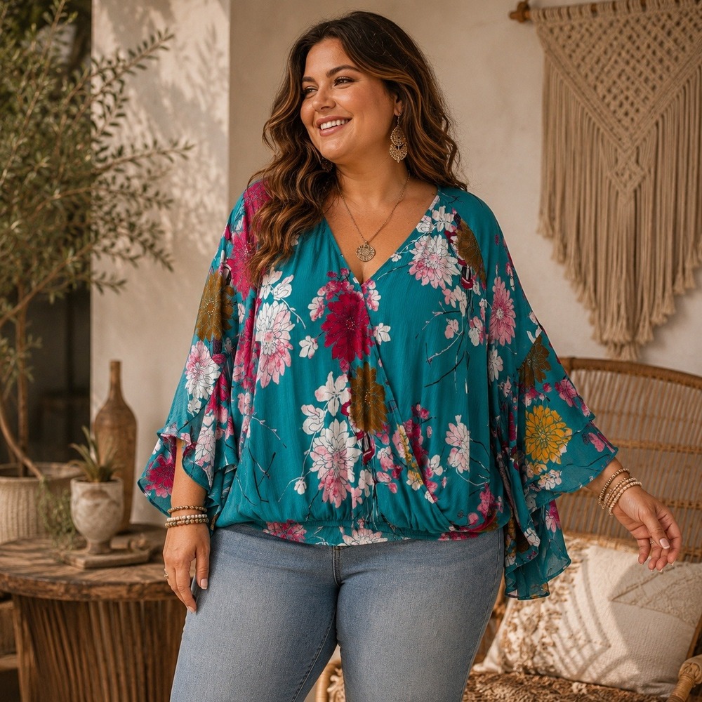 Oddi Womens Floral Faux Wrap Top Plus Size 3X Boho Bell Sleeve Lightweight